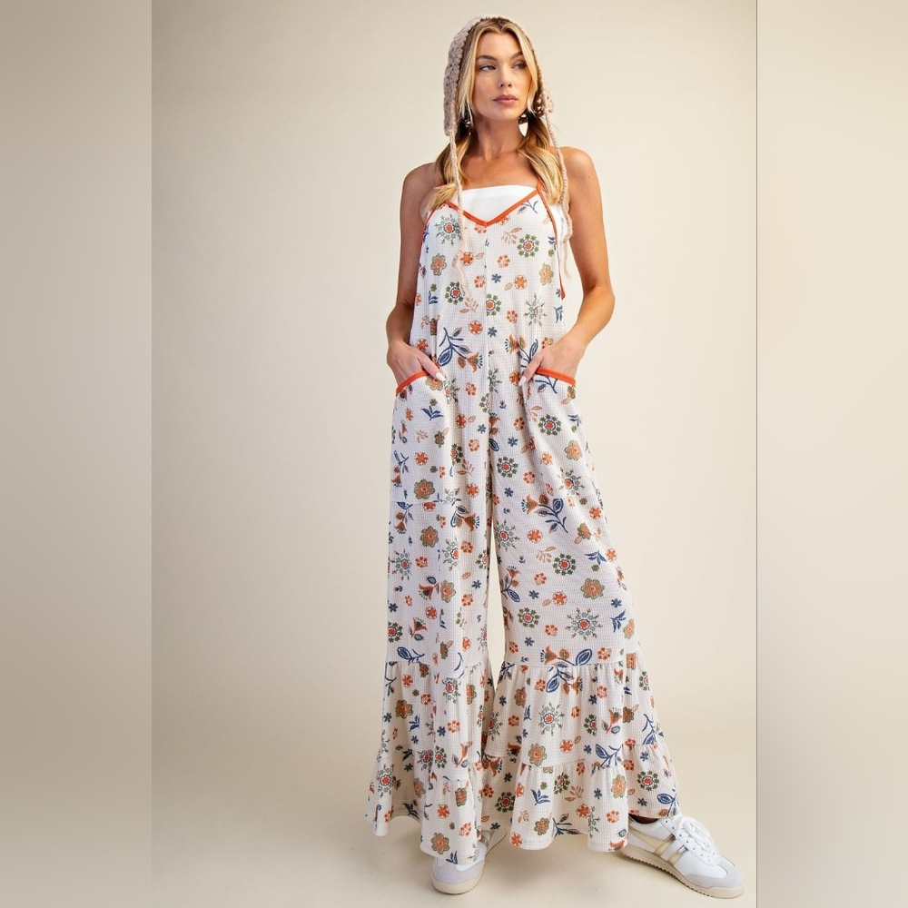 3-0326 *Boutique* Wide Leg Ruffle Bottom Flower Retro Waffle Jumpsuit - Picture 3 of 5